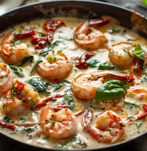 Creamy Tuscan garlic shrimp with spinach and sun-dried tomatoes
