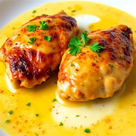Creamy garlic butter chicken thighs garnished with parsley