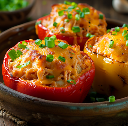 Stuffed bell pepper with buffalo chicken and melted cheese